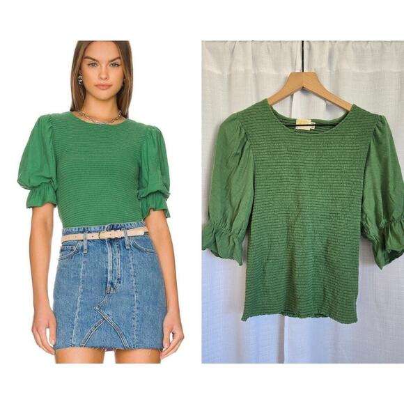 Nation LTD Revolve Womens Large Bardot‎ Gathered Sleeve Top Fern Green Smocked - Picture 1 of 11